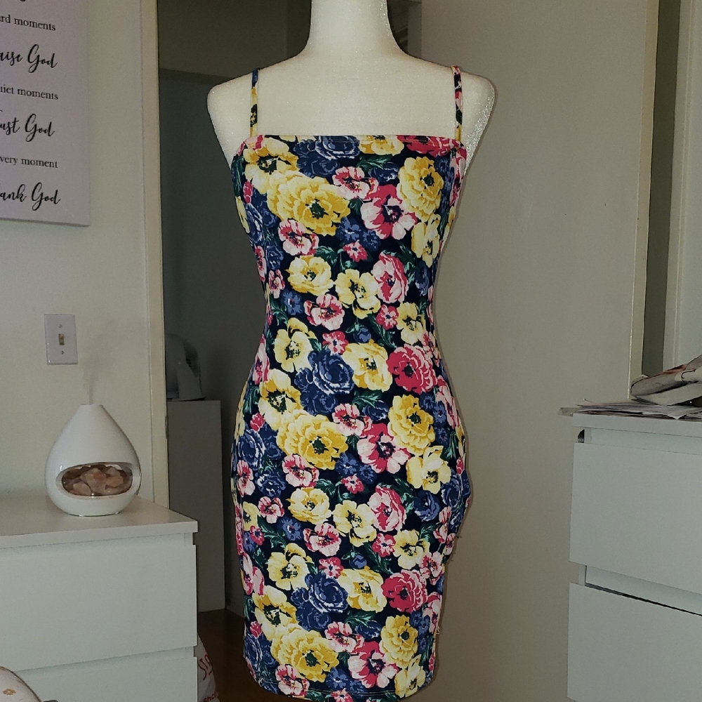 SHEIN Yellow and Pink Bodycon Midi Dress Spaghetti Strap